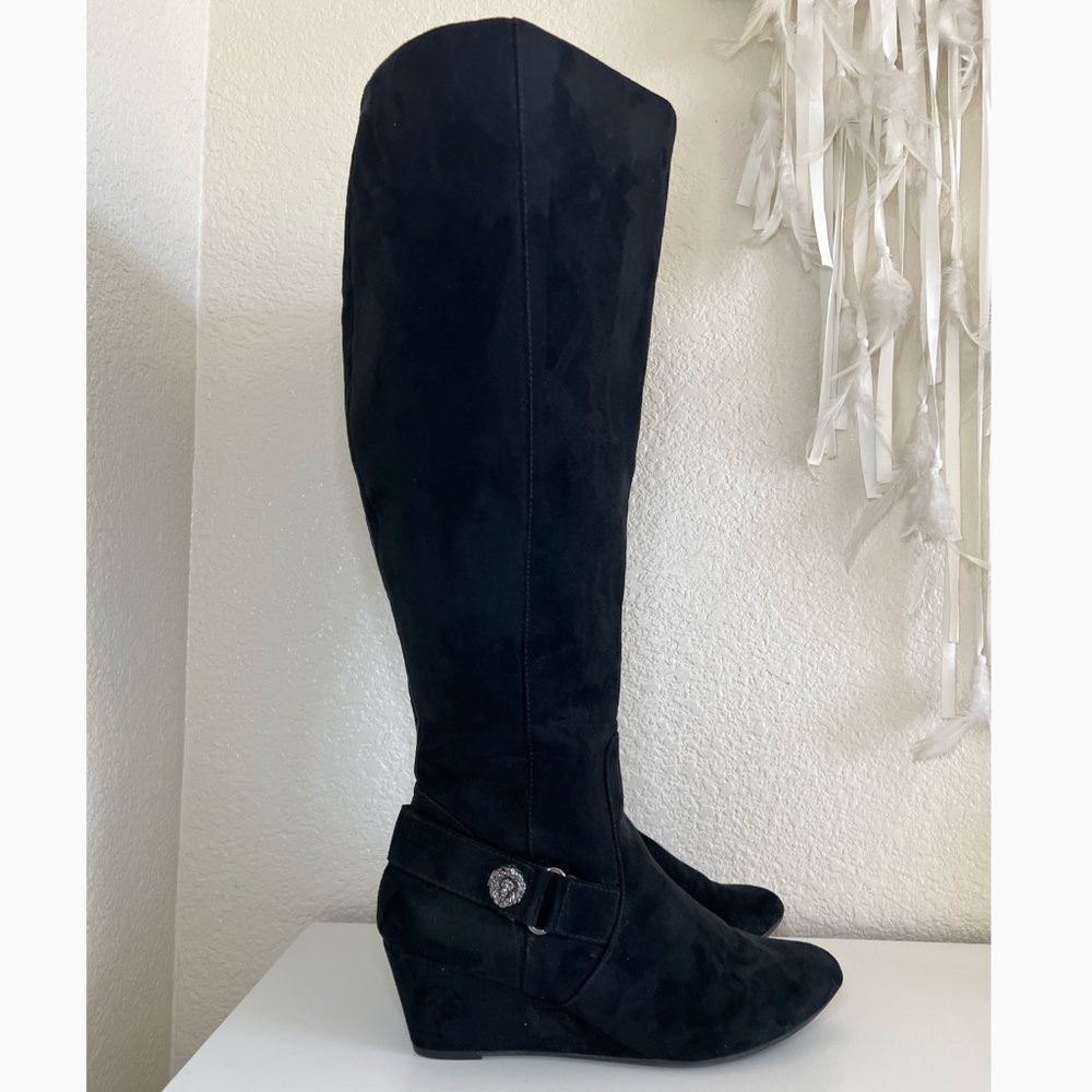 Anne Klein Alyson Black Knee High Wedge Boots